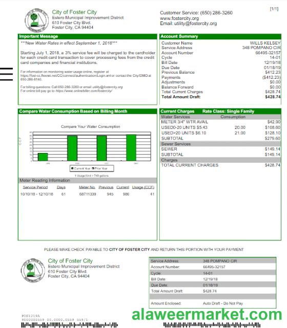 USA CITY OF FOSTER CITY utility bill Word and PDF template